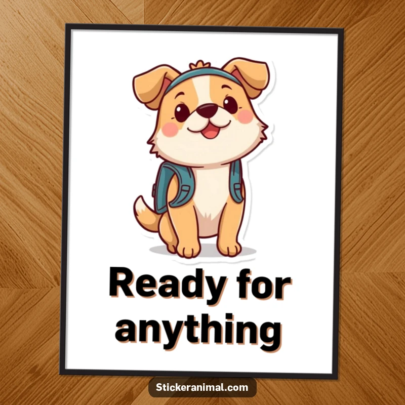 Funny dog character illustrated on a poster, wearing a tiny backpack and ready for a thrilling adventure.