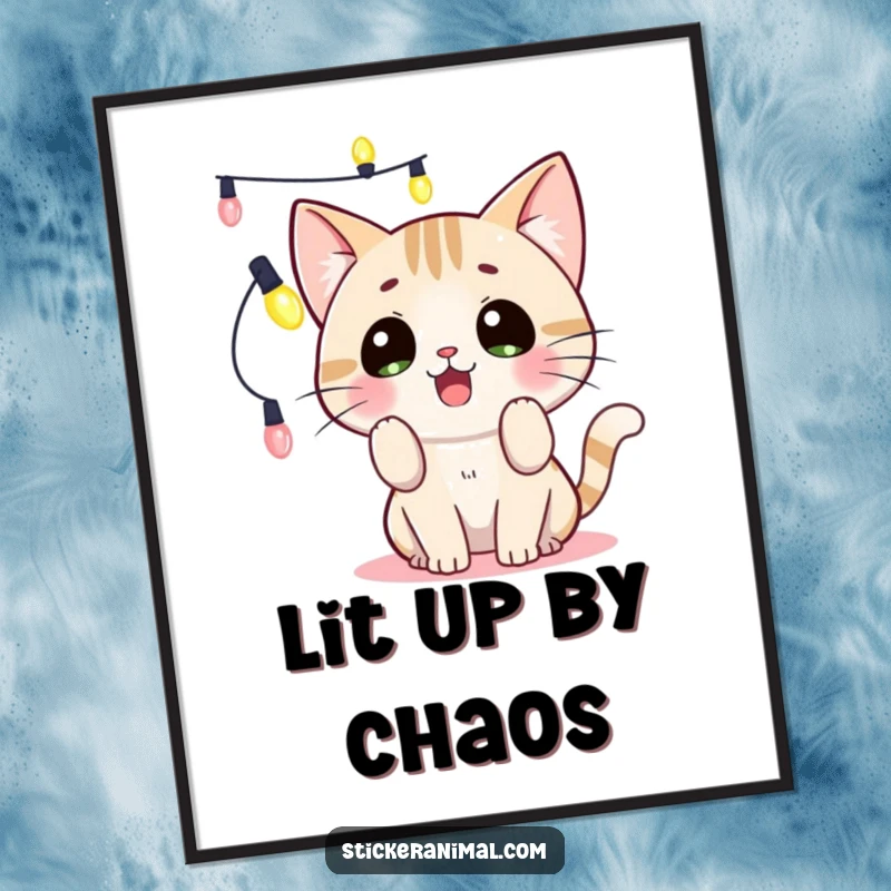 Funny surprised cat playing with string lights on a poster, vibrant holiday art conveying playful mischief, ideal for a funny gift.