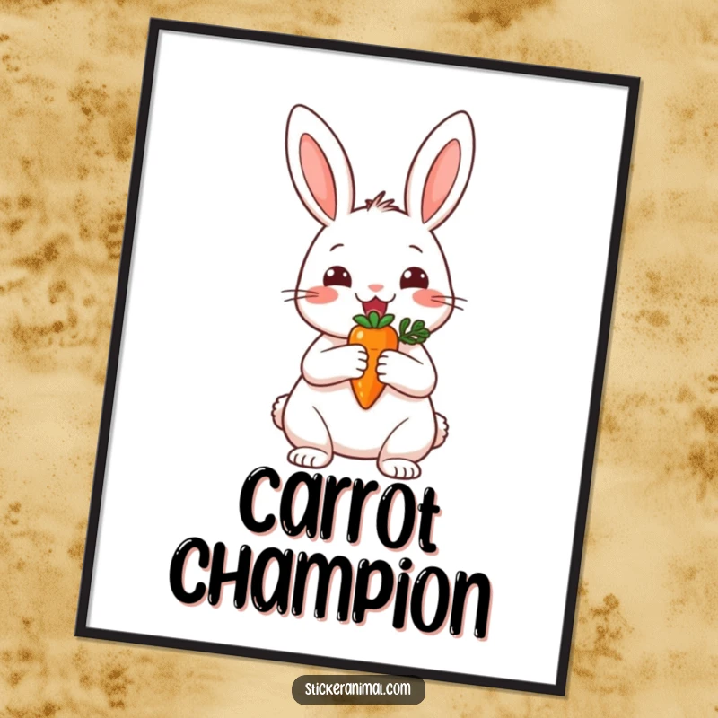 Funny poster of a happy rabbit holding a tiny carrot like a grand trophy, symbolizing celebration and achievement.