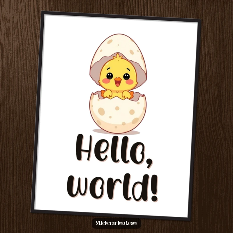 Funny poster featuring a surprised chick hatching from a giant speckled egg with delight, symbolizing new beginnings.
