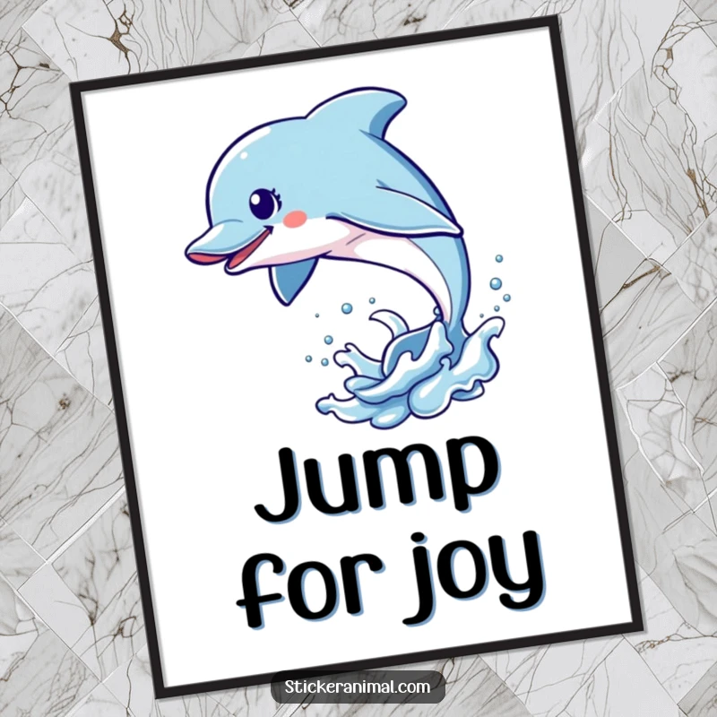 Funny Dolphin Leap Poster depicting an energetic dolphin character leaping dynamically out of the water, perfect for vibrant, humorous decor.