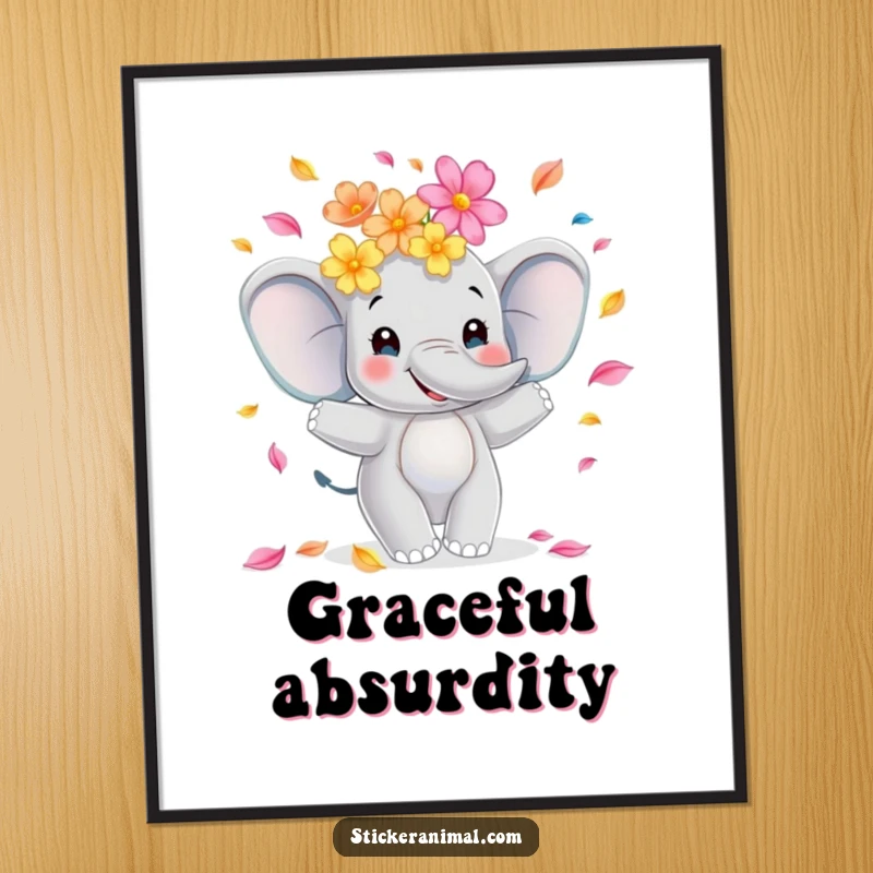 Funny elephant poster displaying a smiling elephant gracefully juggling a vibrant cascade of flower petals, adding a touch of cheerful art.