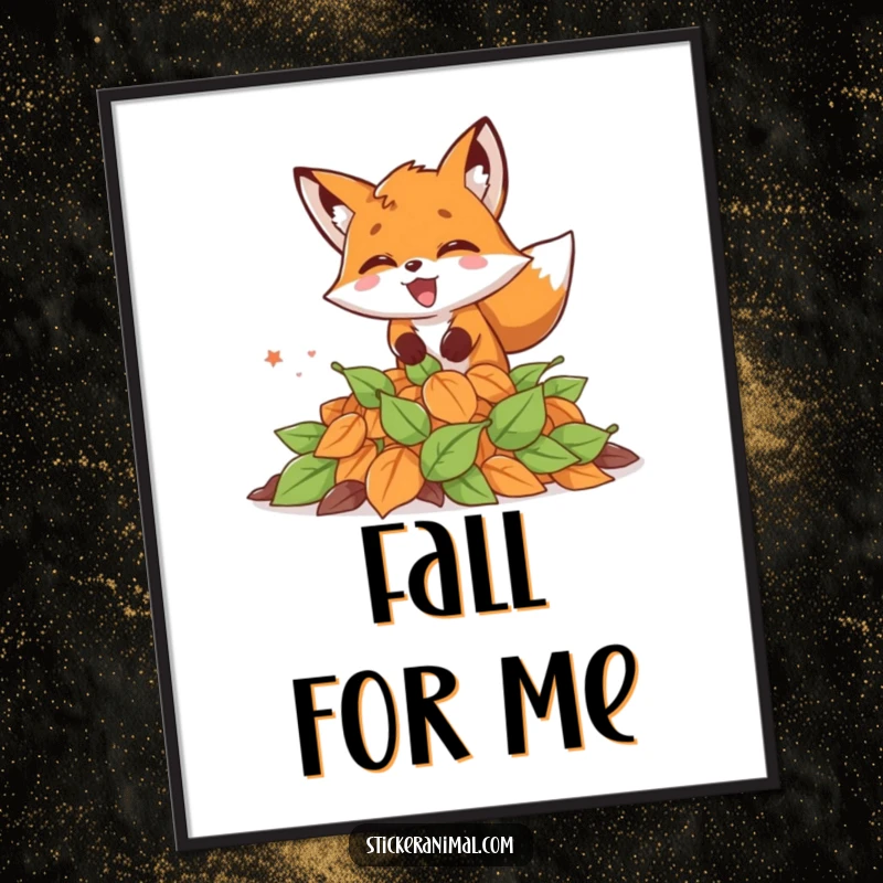 Funny poster of an energetic fox leaping into a colorful pile of fall leaves, celebrating the season with humor.