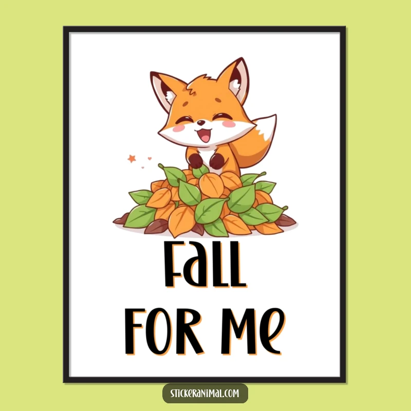 Funny Excited Fox Leaves Poster - Autumnal Charm for Your Walls, Great Funny Gift!