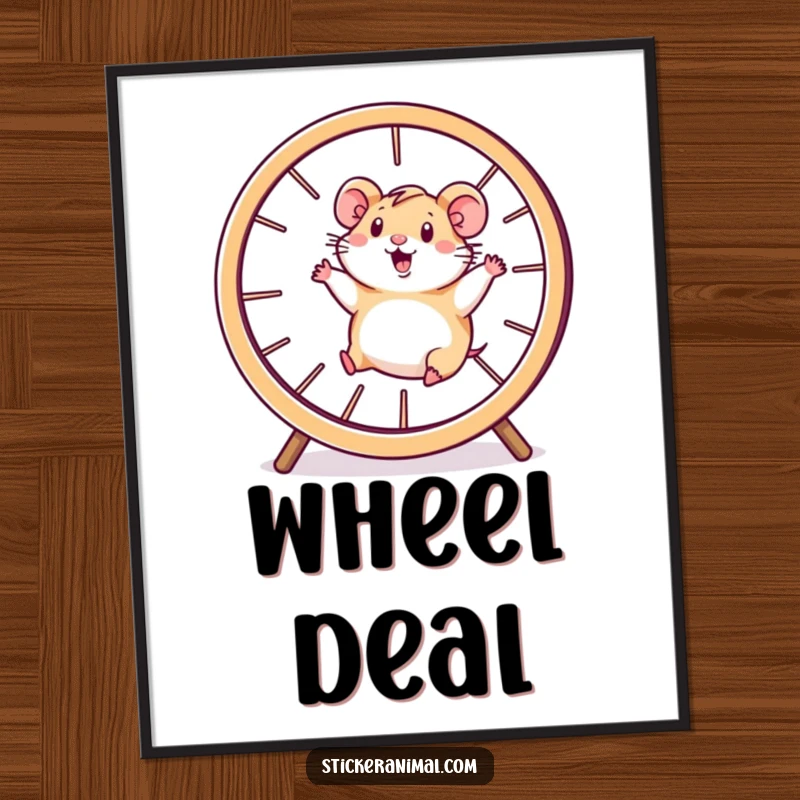 Funny hamster poster print of a happy character running inside a giant spinning wheel, radiating pure, energetic joy.