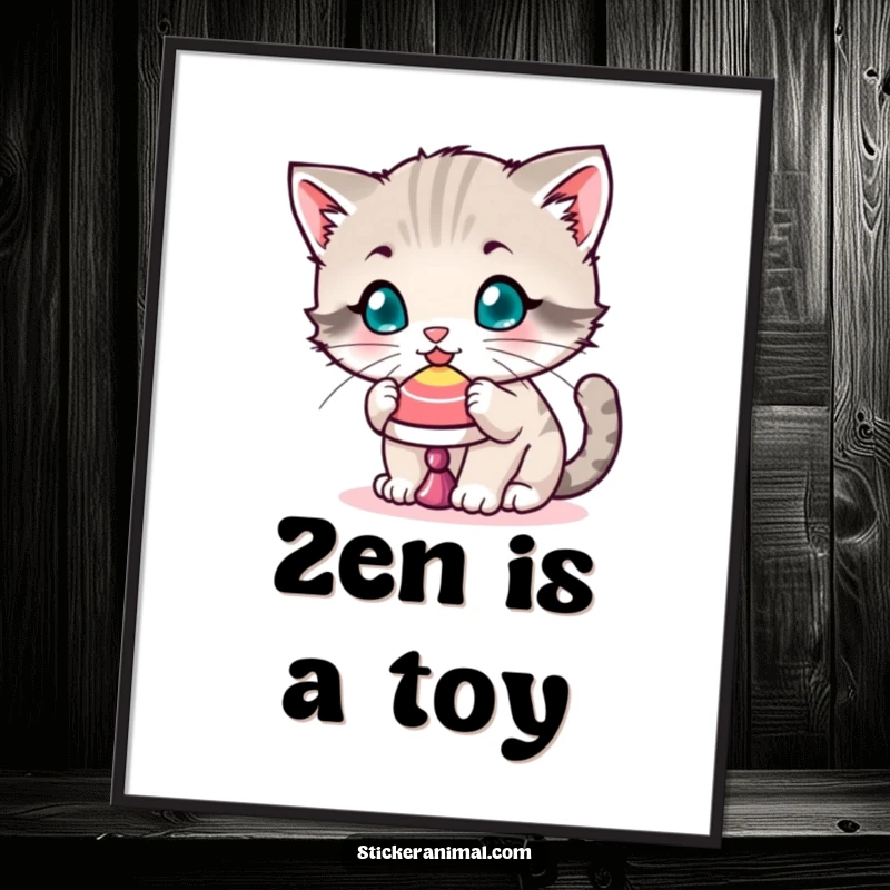 Funny poster of a playful kitten balancing a spinning top on its nose, celebrating focus, skill, and adorable feline antics.