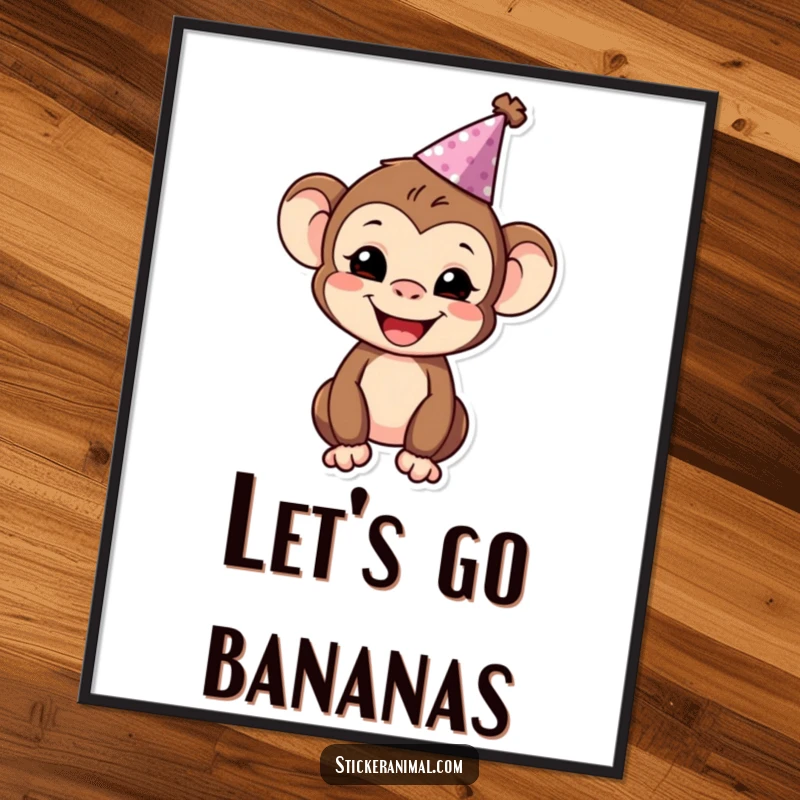 Funny monkey character in a party hat, smiling excitedly in a vibrant digital art poster.