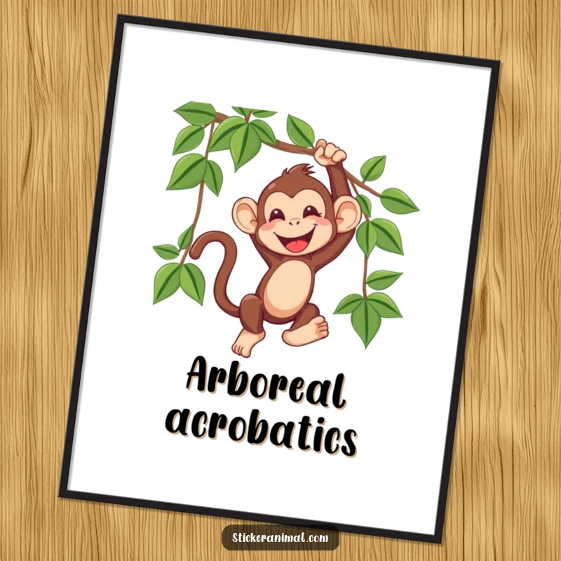 Funny poster capturing a delighted monkey swinging from a jungle vine, its face a picture of pure, unrestrained, contagious giggling.