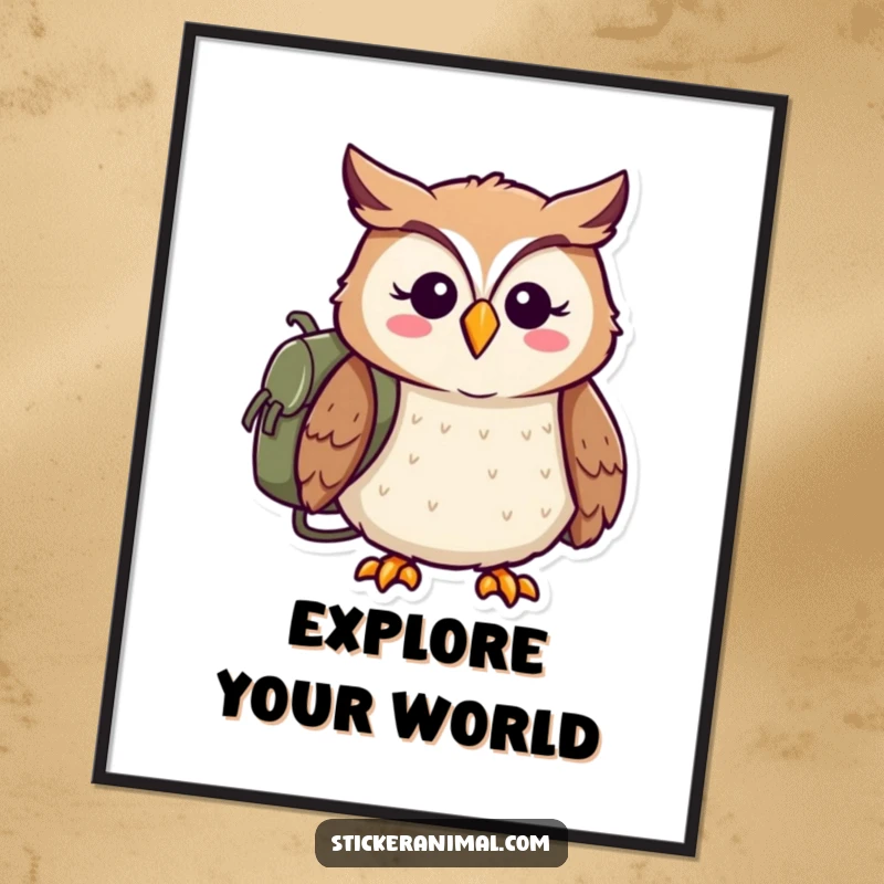Funny poster featuring a cheerful owl with a backpack, ready for adventure, symbolizing exploration and wanderlust.