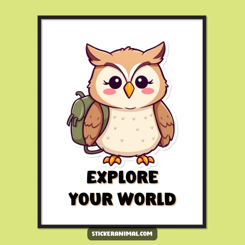 Funny Owl Adventure Poster: Cheerful Explorer Ready, Whimsical Wall Art