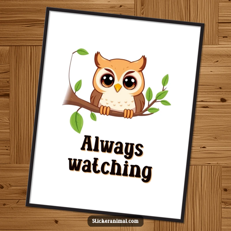 Funny playful owl with big eyes peeking from a branch on a poster, vibrant artwork radiating curiosity and charm, ideal for a funny gift.