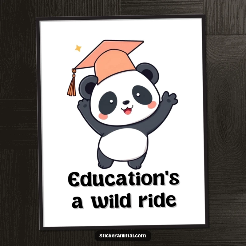 Funny poster depicting a cute panda in a graduation cap tossing it high into the air, celebrating academic achievement with joy.