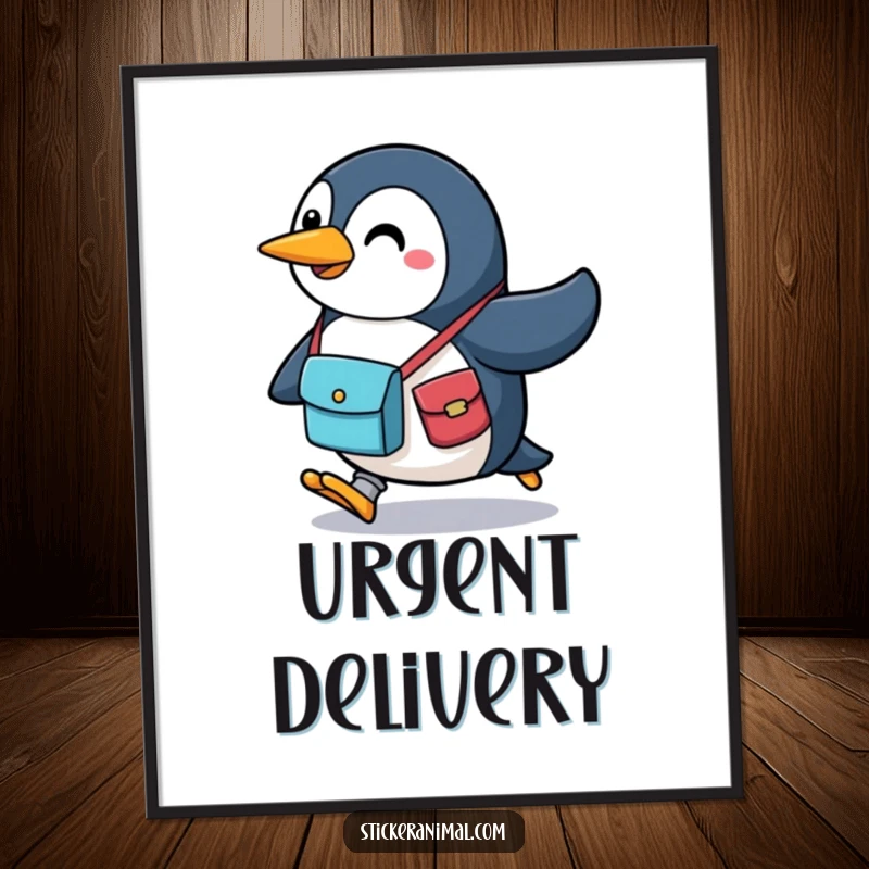 Funny penguin poster depicting a cheerful character with a small messenger bag, running with energy and a happy expression, ideal for wall art.