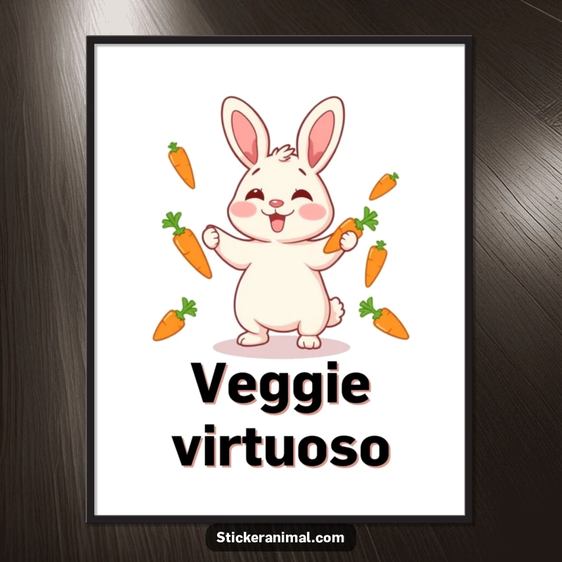 Funny giggling rabbit juggling carrots on a poster, vibrant artwork radiating pure joy and playful mischief, ideal for a funny gift.