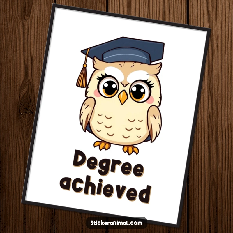 Funny Surprised Owl Poster: Wall art of an owl with wide eyes wearing a graduation cap, humorously depicting the surprise of graduating.