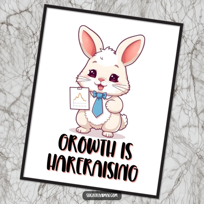 Funny poster print of a fluffy rabbit wearing a tie, enthusiastically pointing at a tiny graph, adding humor to any wall.
