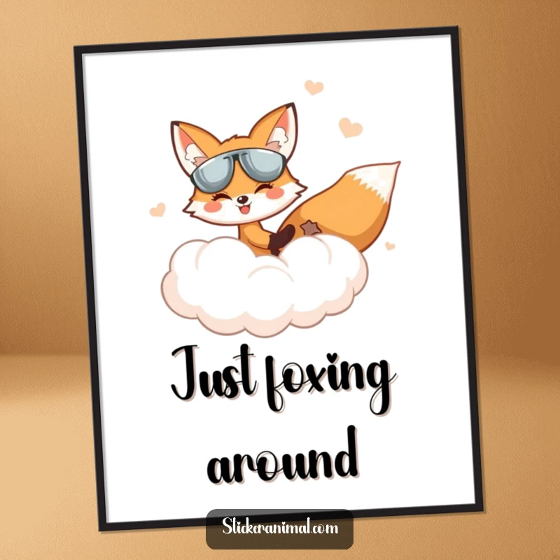 Funny Fox Poster: A smiling fox pilots a fluffy cloud through a colorful sky, creating whimsical and humorous wall art.