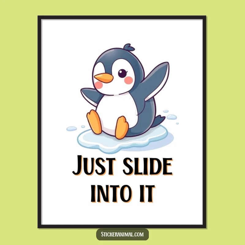Funny Penguin Slide Poster: Winter Joy Art, Perfect Wall Decor Gift