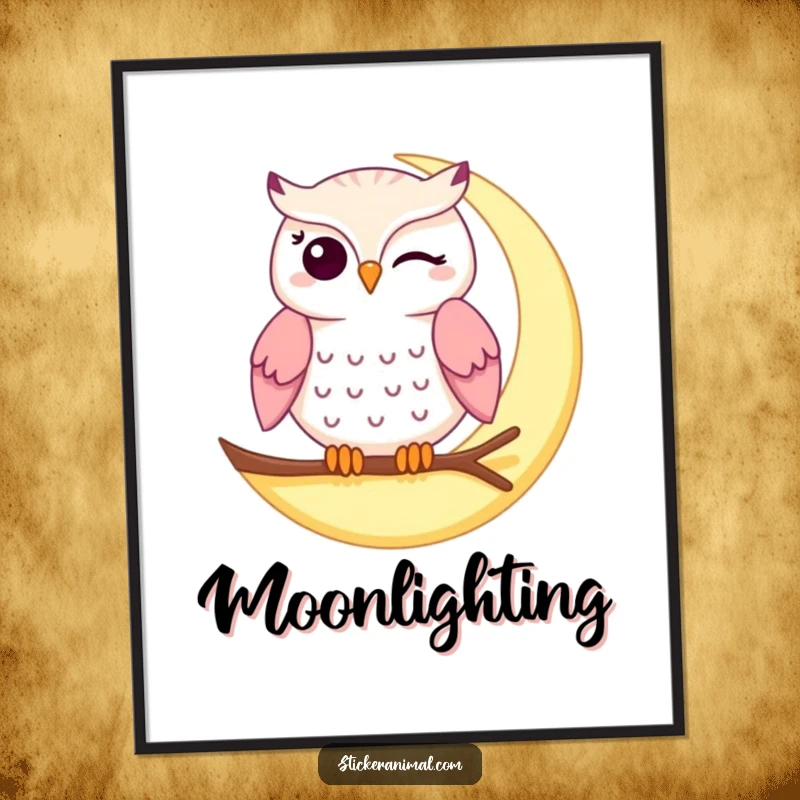 Funny winking owl poster showcasing a charming owl winking on a crescent moon, bringing whimsical nocturnal humor to any wall.