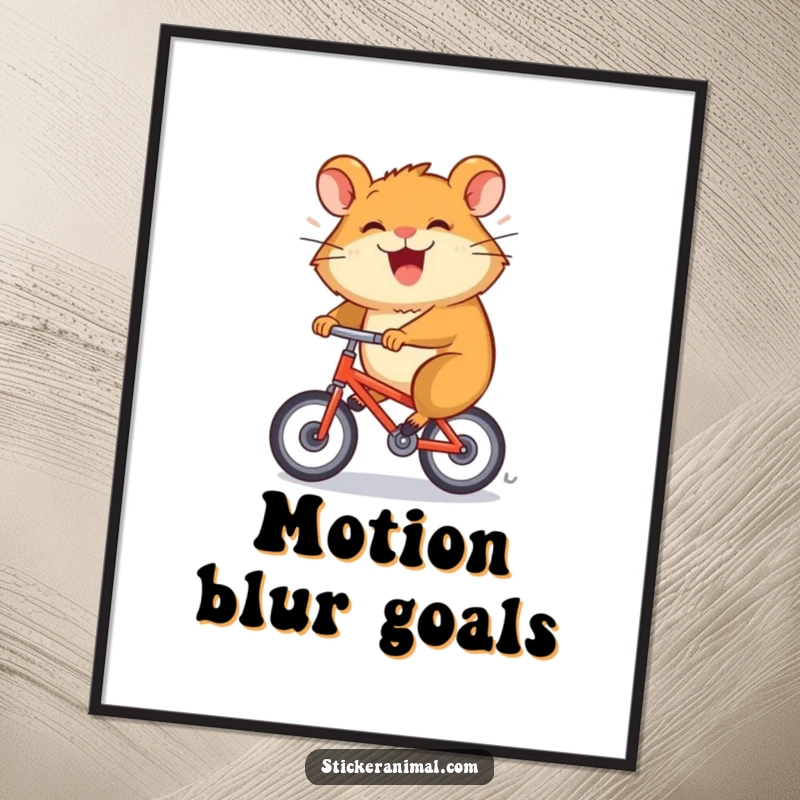 Funny poster art features a grinning hamster character spinning rapidly on a tiny bicycle, full of motion.