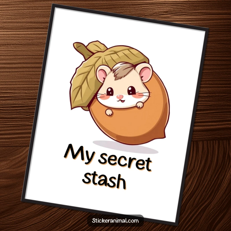 Funny poster of a mischievous hamster peeking out from behind a giant acorn, creating a humorous and playful scene for any wall.