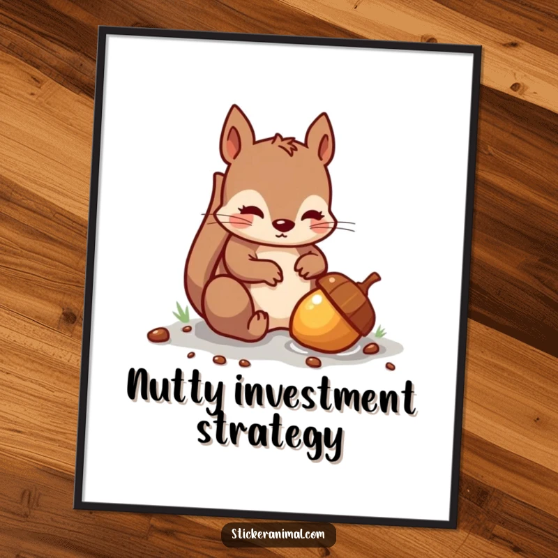 Funny poster showcasing a mischievous squirrel diligently burying a shiny acorn, adding a humorous natural scene to decor.