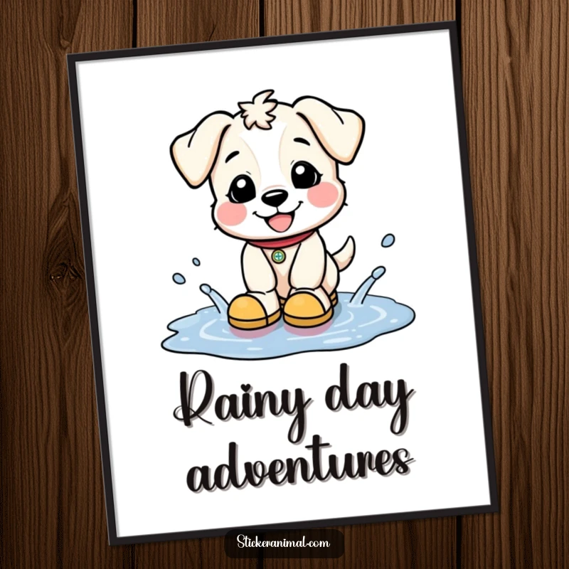 Funny poster featuring a happy puppy wearing tiny boots, enthusiastically splashing in puddles, celebrating pure joy and playful moments.
