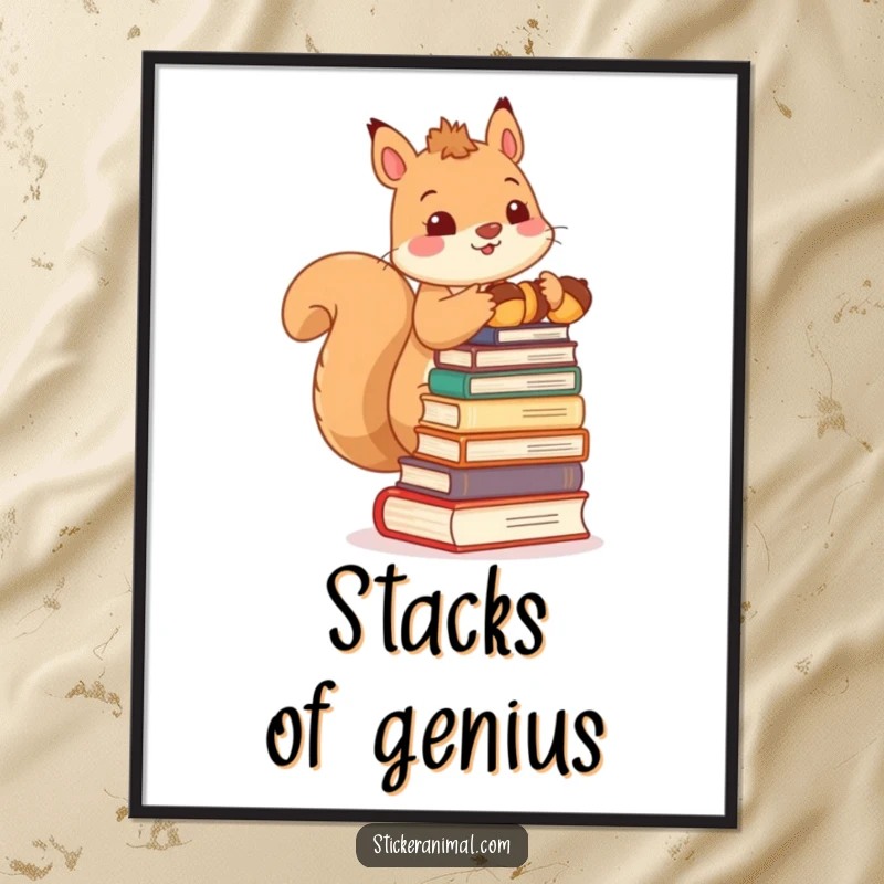 Funny poster depicting a cute squirrel character stacking acorns to resemble books, bringing a scholarly yet playful vibe to the wall.