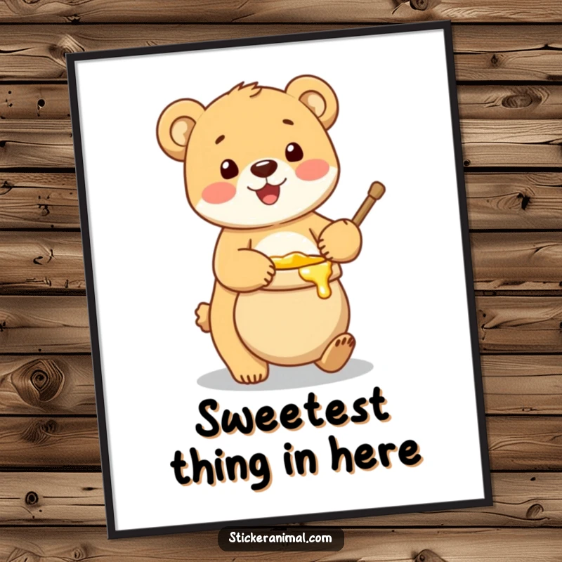 Funny poster of an adorable bear cub joyfully balancing a large pot of golden honey, radiating happiness and sweetness.