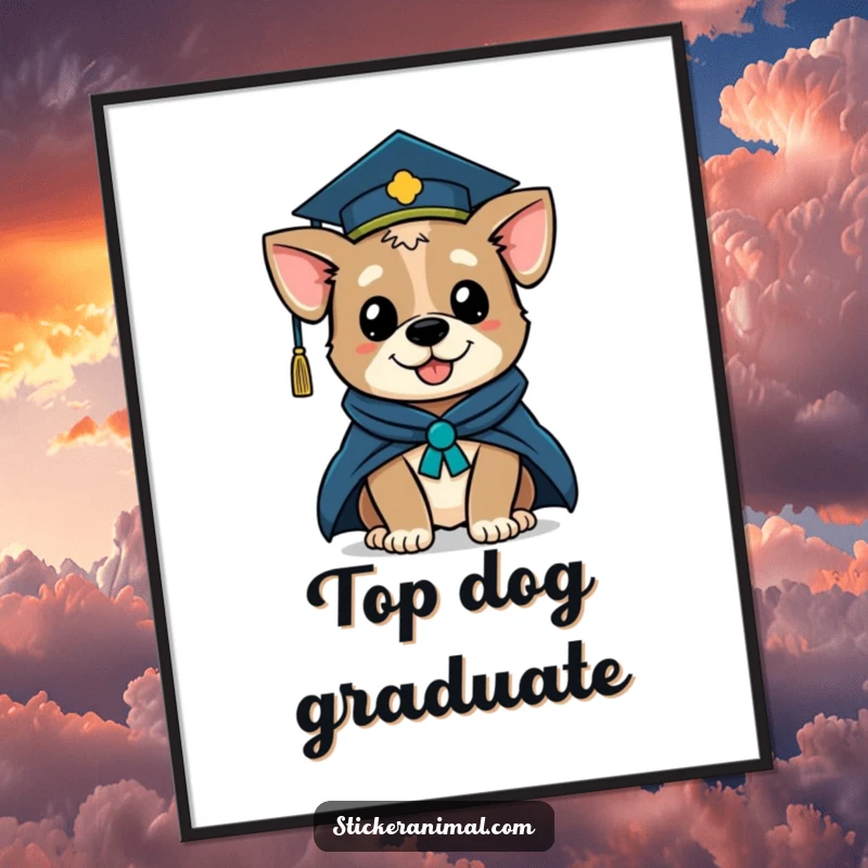 Funny poster featuring a winking dog character in a graduation cap and academic robe, commemorating academic success with a cheerful grin.