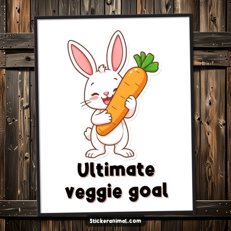 Funny poster of a happy bunny character proudly holding a giant carrot as a trophy, radiating joy and a sense of accomplishment.