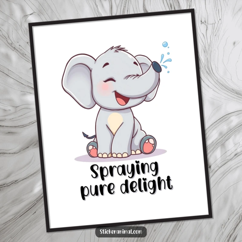Funny Poster: A cute elephant calf laughing while spraying water from its trunk, creating a delightful splash.