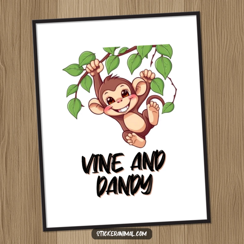 Funny Monkey Swinging Poster depicting a mischievous monkey character joyfully swinging from a vine, radiating fun and humor.