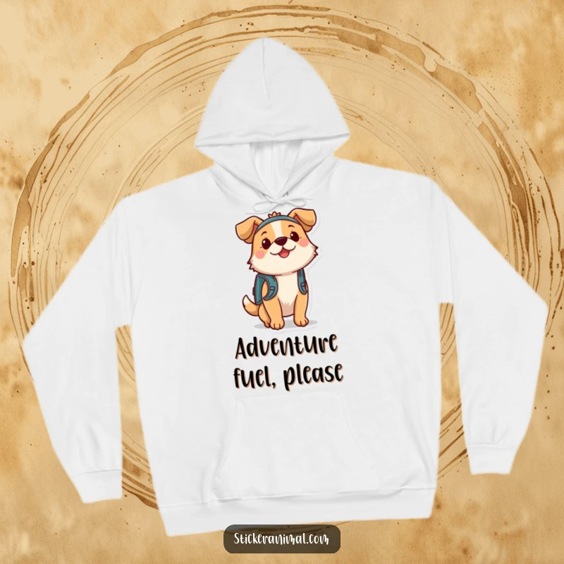 Funny dog character in a hoodie, excitedly wearing a backpack for an outdoor adventure. Perfect for travel lovers.