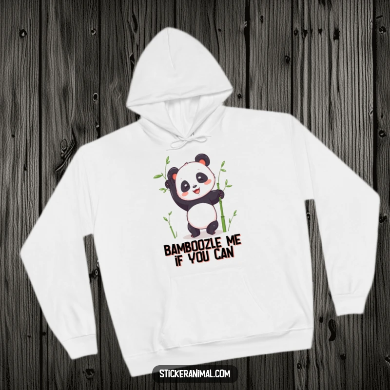 Funny panda handstand hoodie depicting a joyful panda character attempting a yoga handstand, bamboo nearby, looking determined.