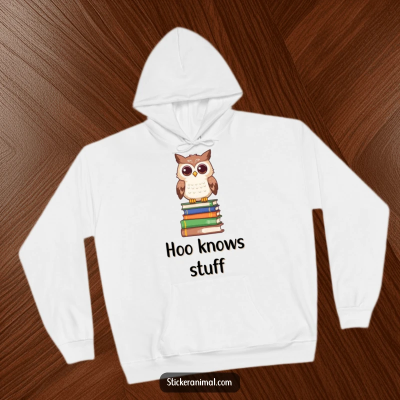 Funny owl hoodie featuring a curious character perched on books, perfect for cozy contemplation and intellectual vibes.