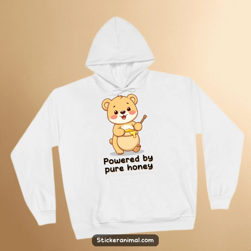 Funny hoodie illustrating a happy bear cub struggling slightly but smiling while balancing a full pot of delicious honey.