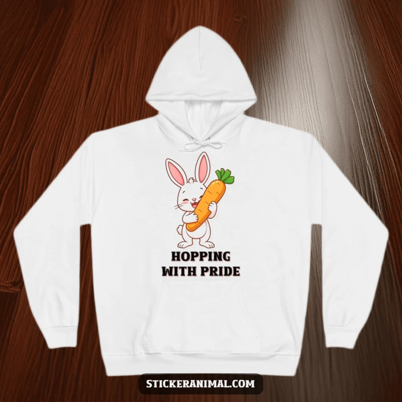 Funny hoodie with a happy bunny character proudly displaying a large carrot as a trophy, symbolizing a cherished and humorous victory.