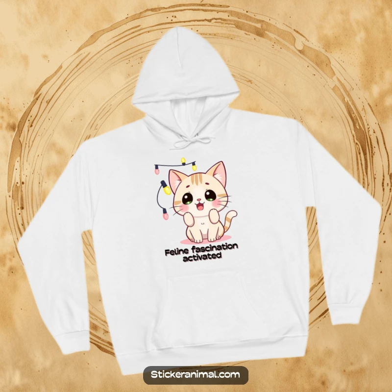 Funny, surprised cat playfully attacking string lights on a hoodie, offering cozy humor and festive vibes, an excellent funny gift.