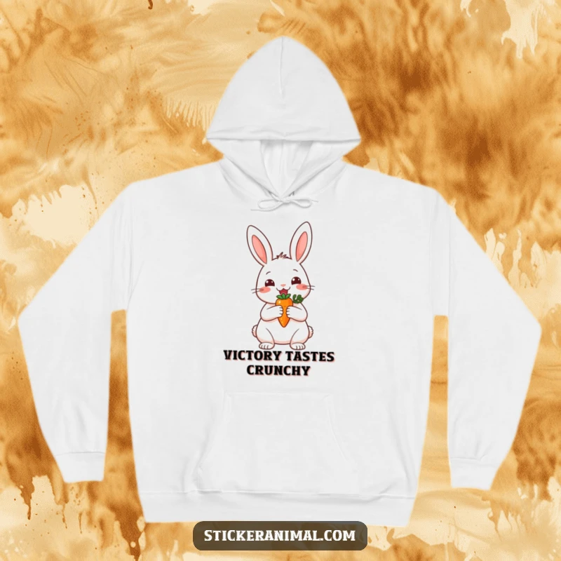 Funny hoodie showing a happy rabbit proudly displaying a miniature carrot trophy, symbolizing sweet achievements and cozy comfort.