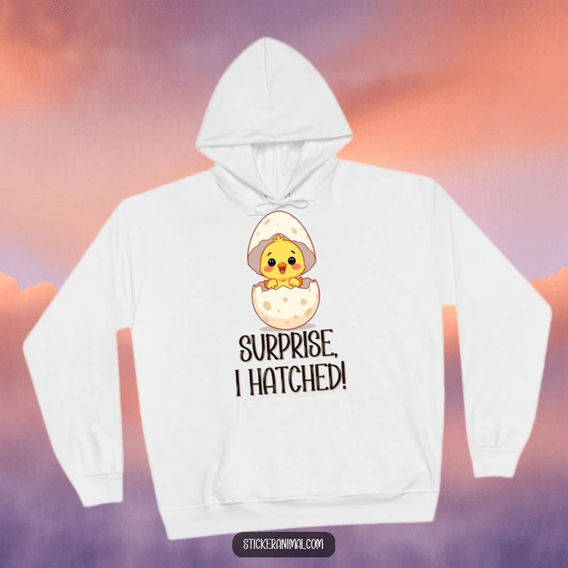 Funny hoodie with a surprised chick hatching from a giant speckled egg with joy, offering warmth and comfort.