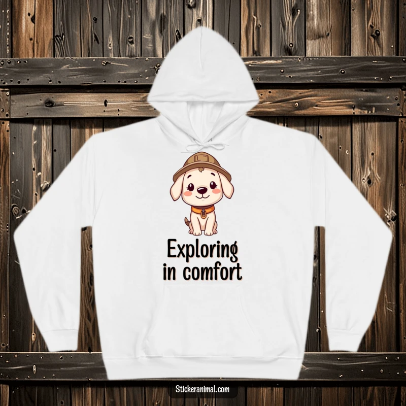 Funny hoodie with a smiling puppy wearing an explorer hat, gazing curiously, designed for cozy explorations and humorous outings.