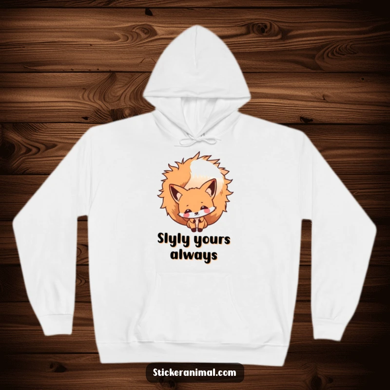 Funny Fox Peek Hoodie featuring a cheeky fox character peeking from behind its bushy tail, perfect for warm, humorous woodland comfort.