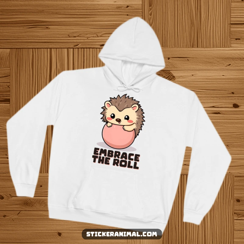 Funny hedgehog hoodie with a happy hedgehog curled into a playful ball, offering cozy comfort and cute, heartwarming humor.