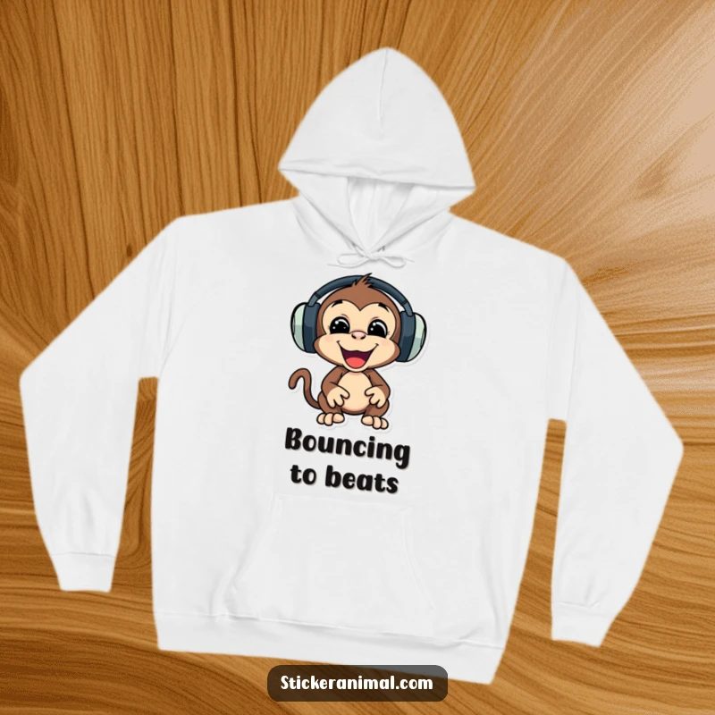 Funny hoodie featuring a playful monkey character wearing large headphones, bopping its head energetically to music.