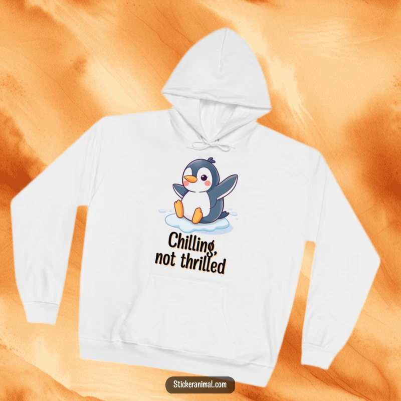 Funny Penguin Slide Hoodie featuring a joyful penguin character sliding on ice with a smile, perfect for warm, humorous winter comfort.