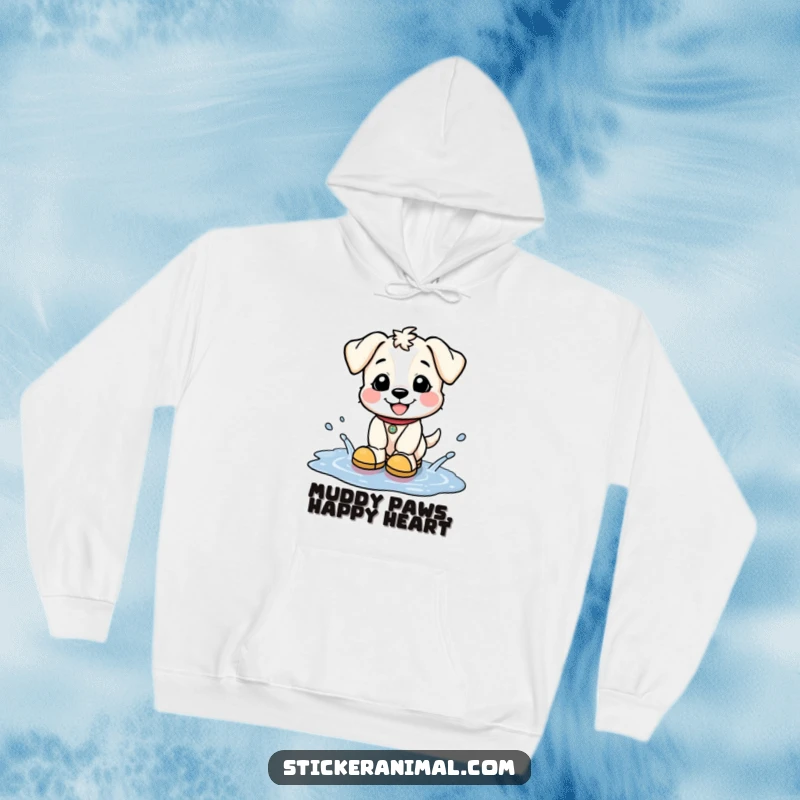 Funny hoodie featuring a happy puppy in tiny boots splashing exuberantly in puddles, perfect for staying cozy and cheerful.