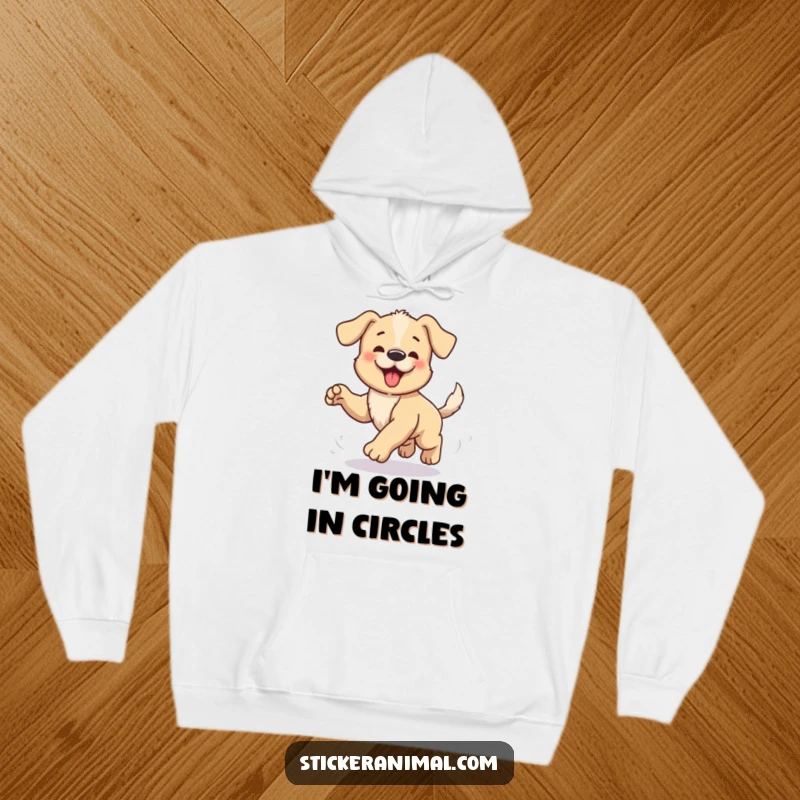 Funny hoodie depicting a beloved puppy excitedly spiraling in pursuit of its tail, a symbol of endless, lighthearted canine amusement.