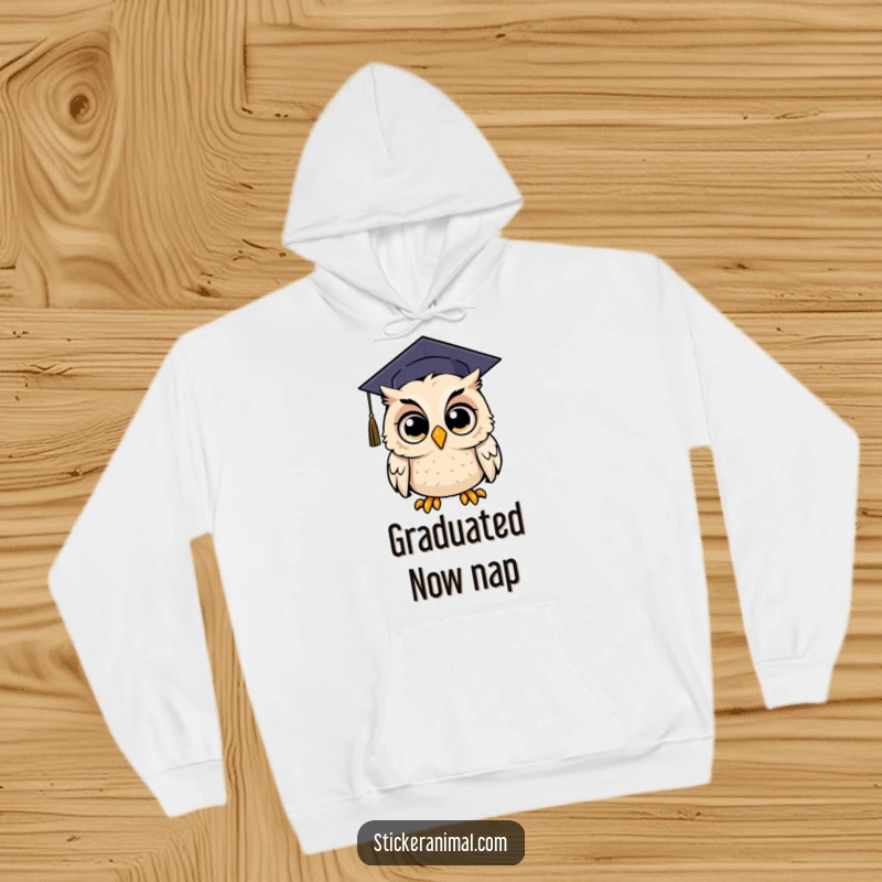 Funny hoodie displaying a comically shocked owl wearing a graduation cap, conveying surprise and academic accomplishment.