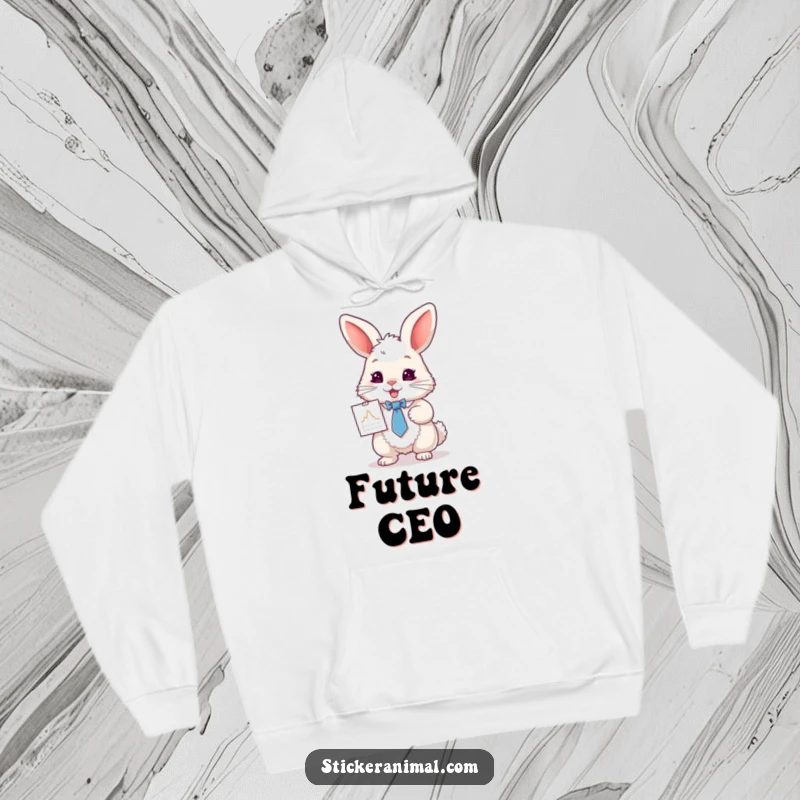 Funny hoodie featuring a fluffy rabbit in a tie, enthusiastically presenting a tiny graph, ideal for cozy work-from-home humor.
